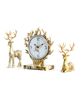 Deer Showpiece & Table Clock Combo (Gold)