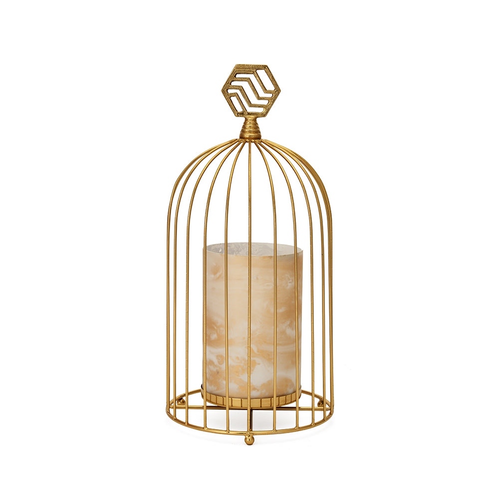Hurricane Allure Glass & Metal Cage Candle Stand (Gold)