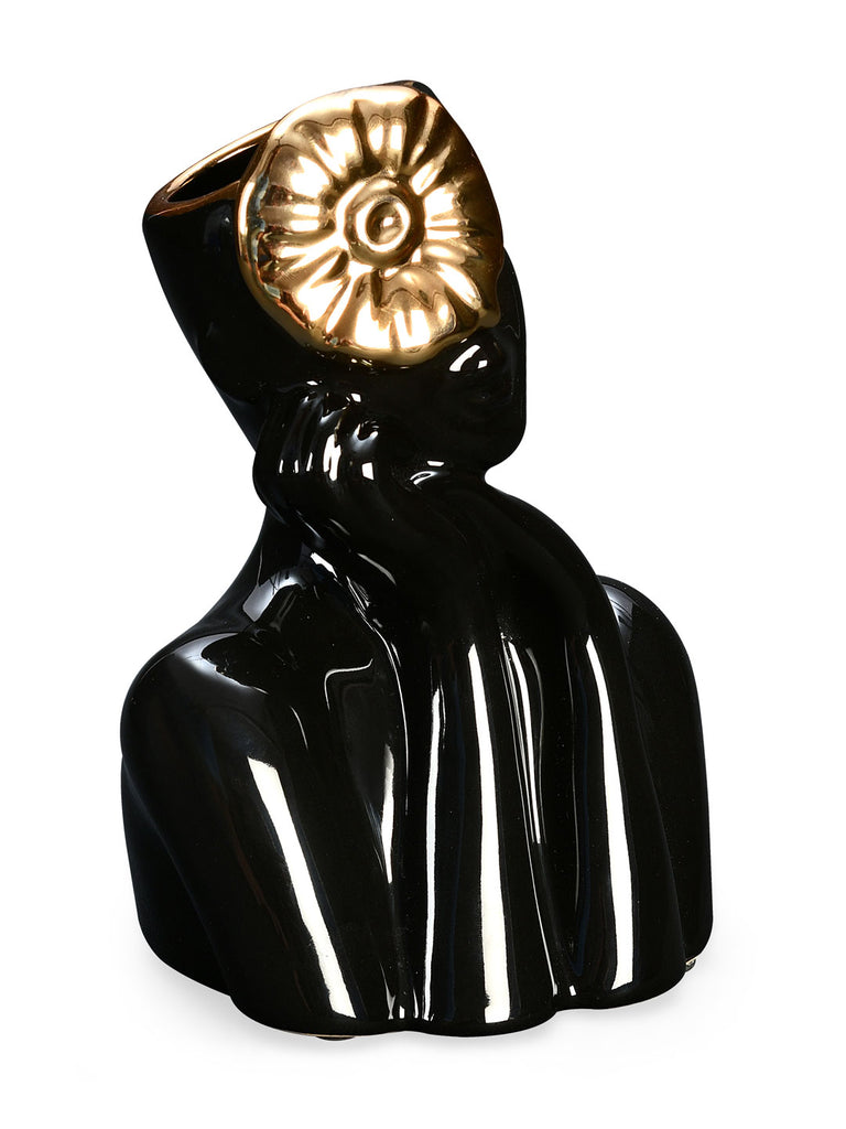 Flora Women Decorative Ceramic Vase (Black & Gold)