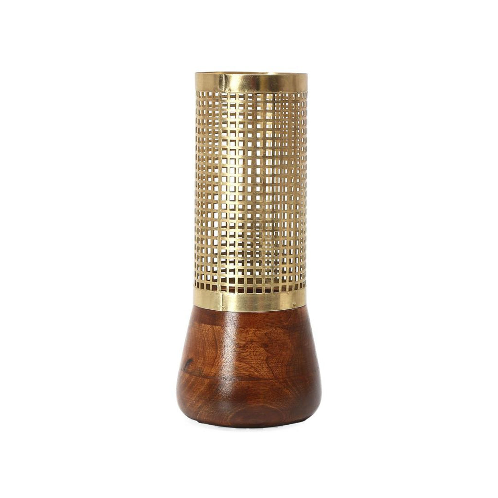 Upper Jali Cutwork Metal & Wooden Vase (Gold)