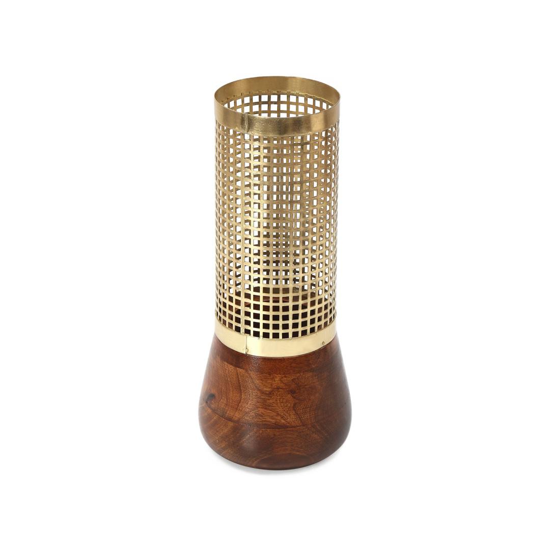 Upper Jali Cutwork Metal & Wooden Vase (Gold)