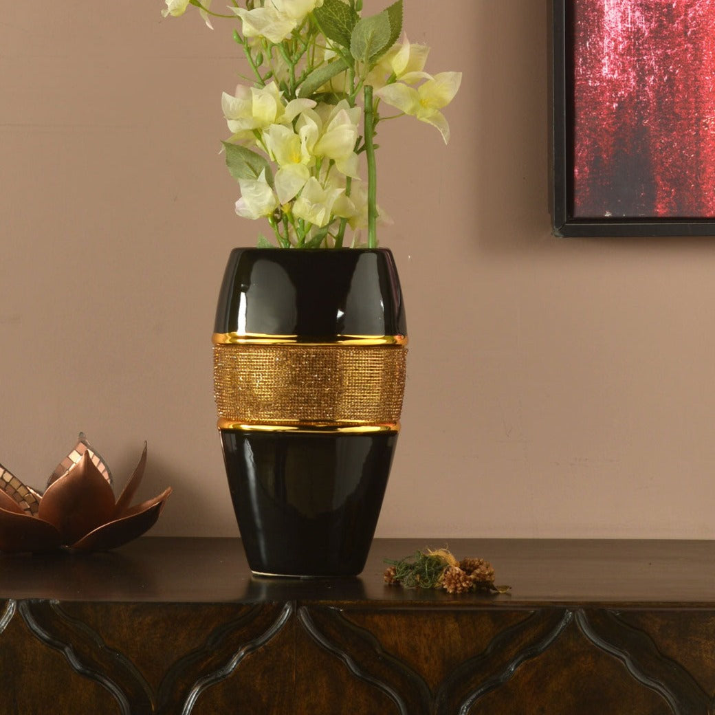 Jewel Open Mouth Ceramic Vase (Black & Gold)