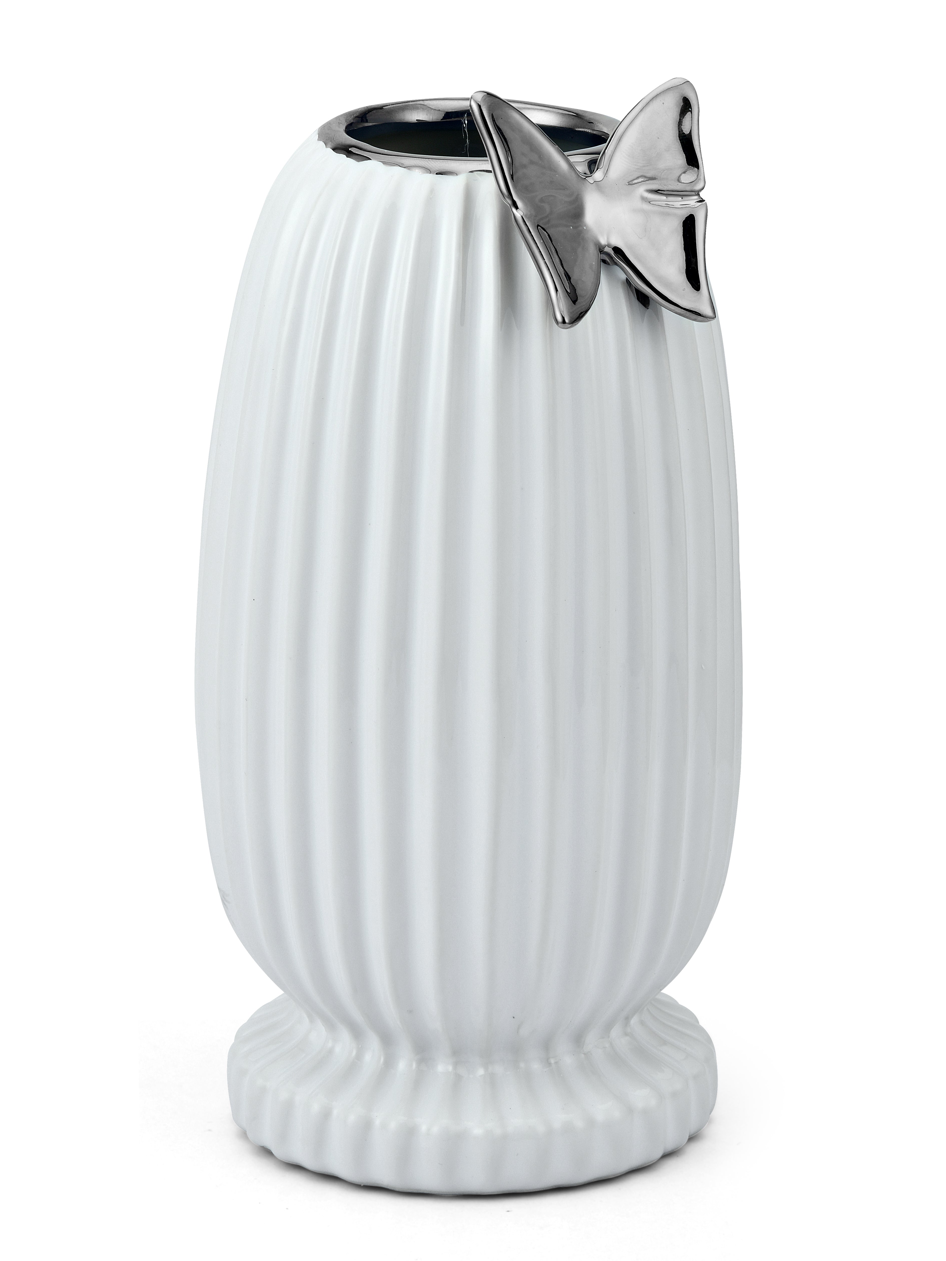 Butterfly Tumbler Ceramic Vase (White & Silver)