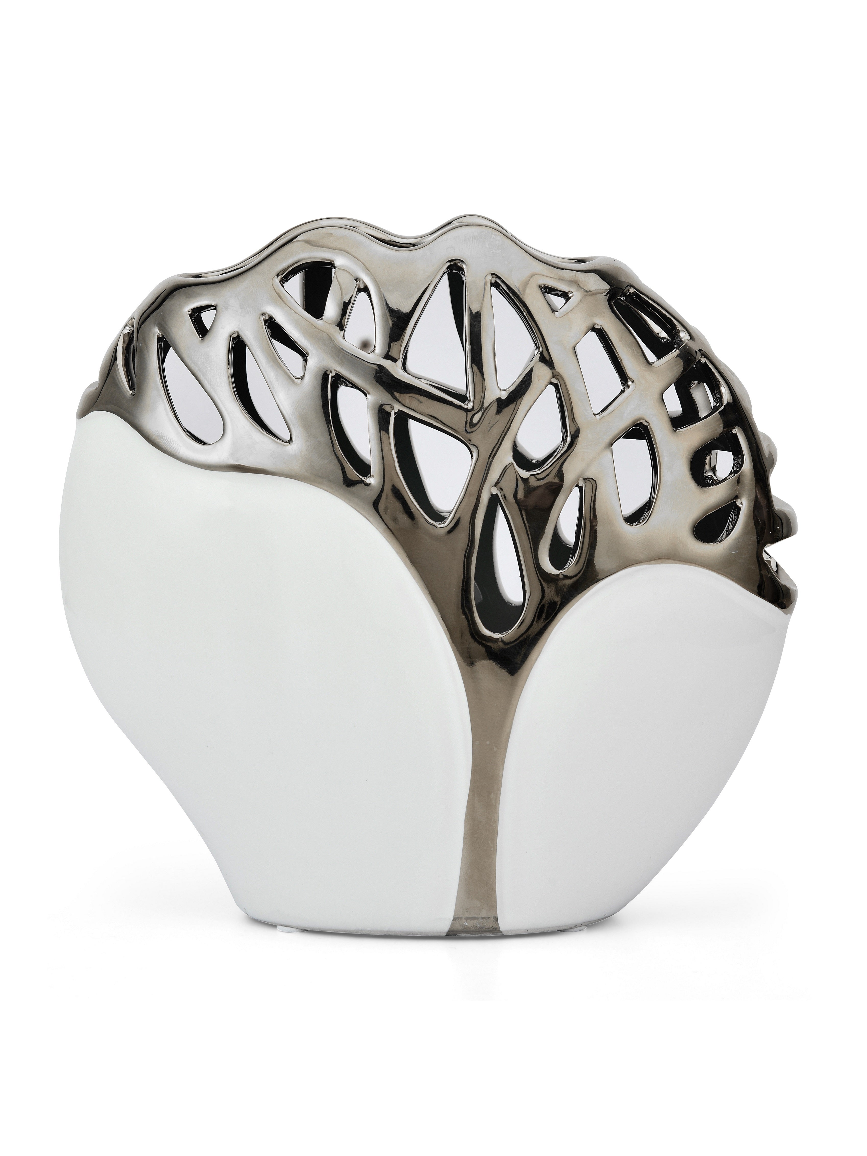 Tree Branch Oval Ceramic Vase (White & Silver)