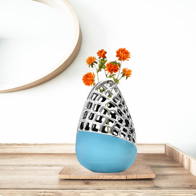 Half Jaali Decorative Ceramic Vase (Seagreen & Silver)