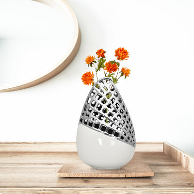 Mid Jaali Decorative Ceramic Vase (White & Silver)
