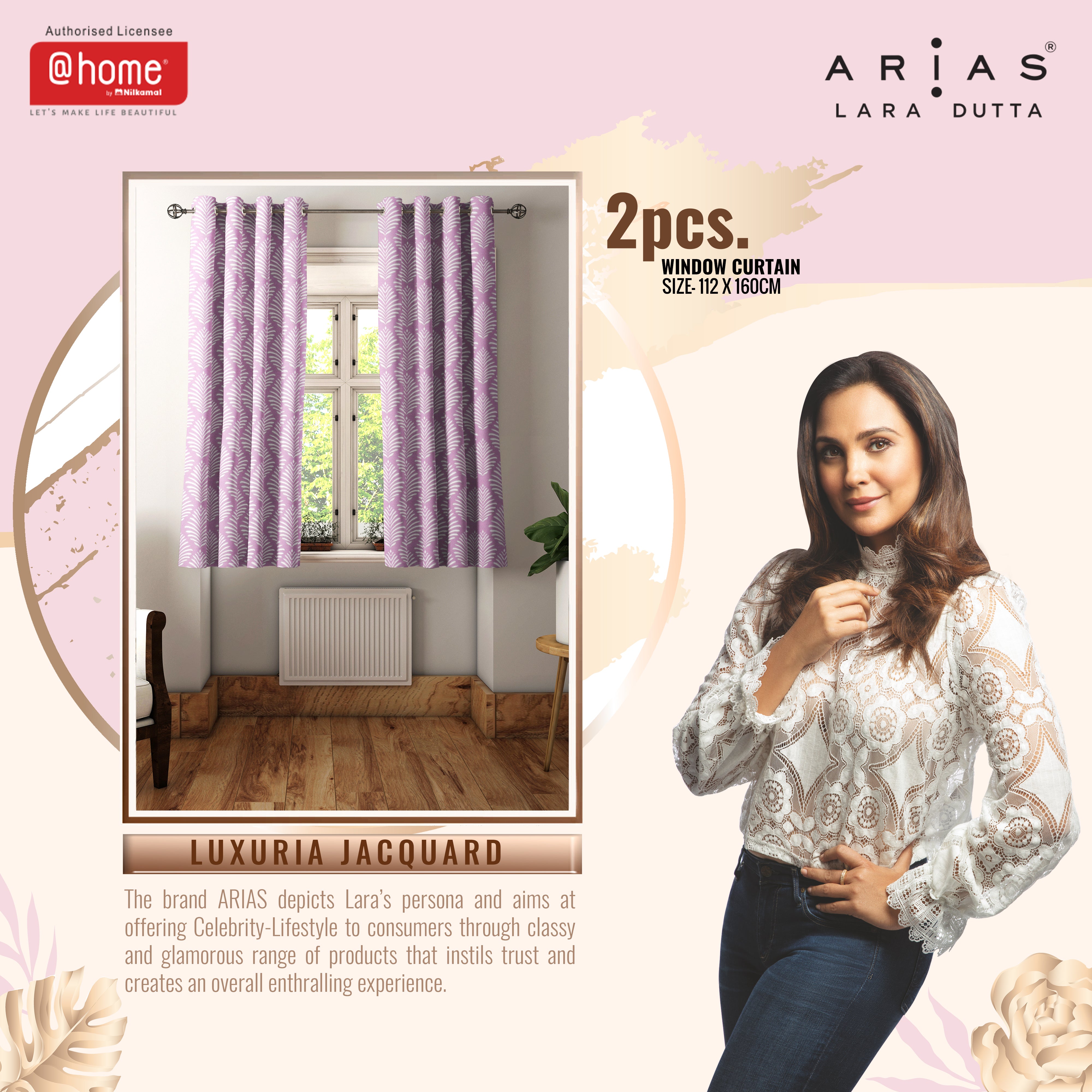 Arias Luxuria Jacquard Leaf 5 Ft Polyester Window Curtain Set of 2 (Onion)