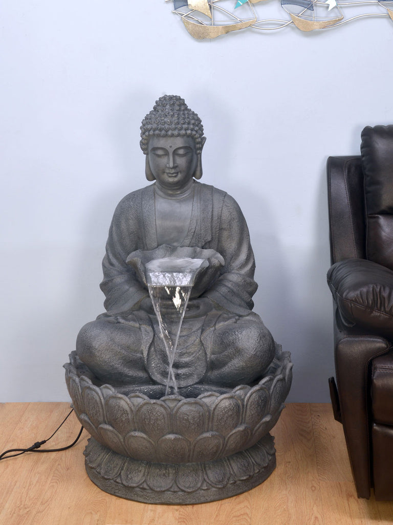 Buddha On Lotus Water Fountain (Grey)
