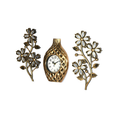 Flora Wall Clock & Vase Combo Set of 3 (Gold)