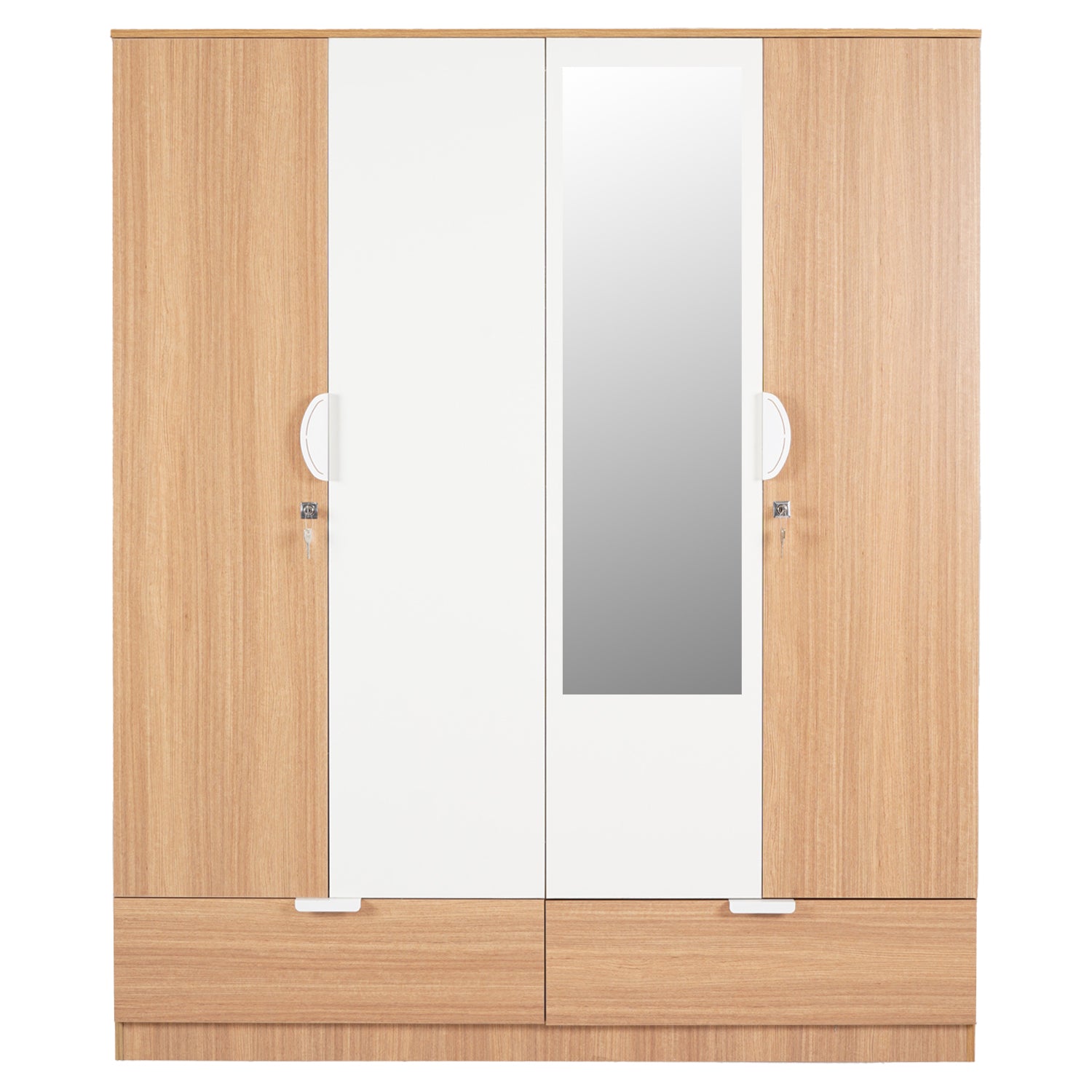 Indio 4 Door Engineered Wood Wardrobe with Mirror (Teak & White)