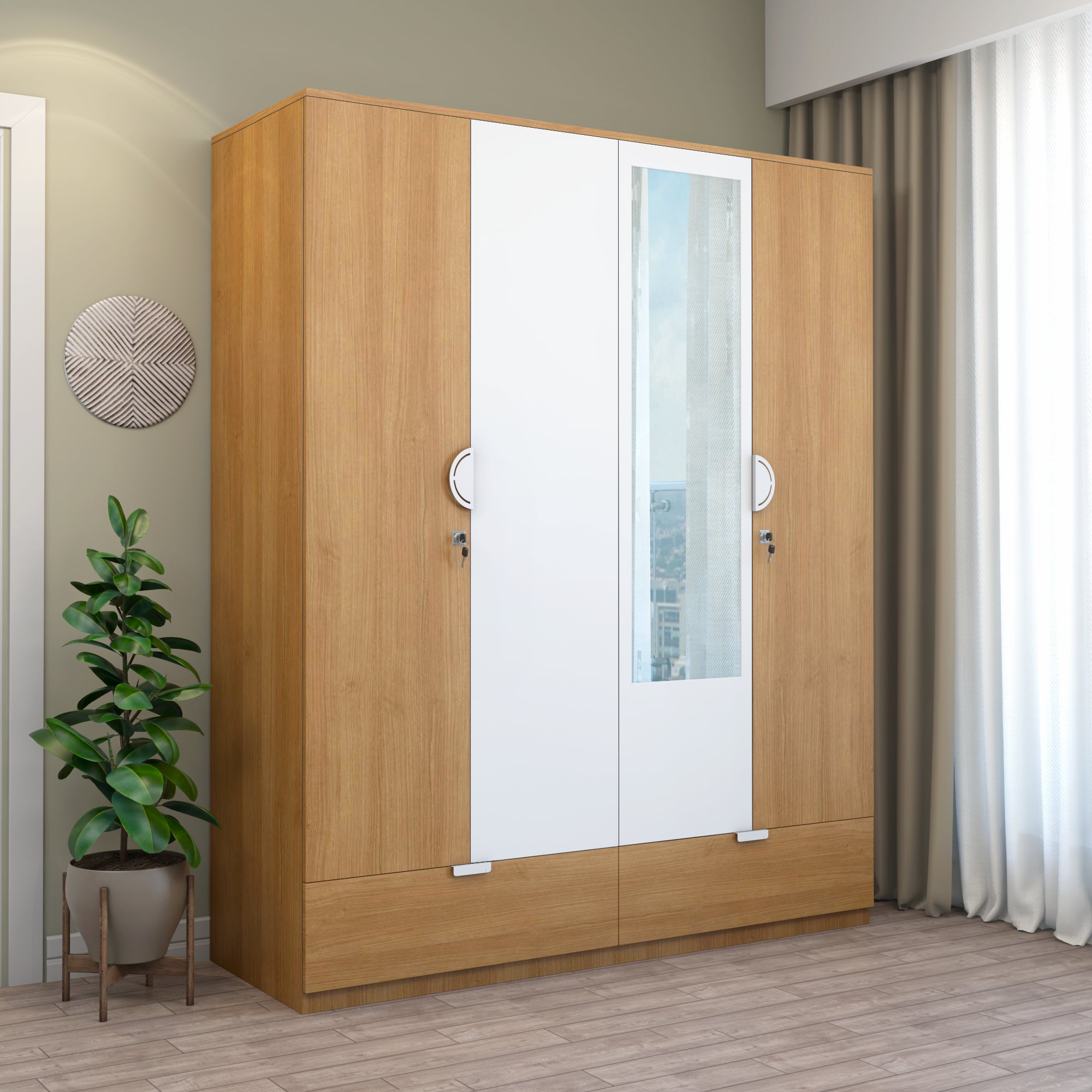 Indio 4 Door Engineered Wood Wardrobe with Mirror (Teak & White)