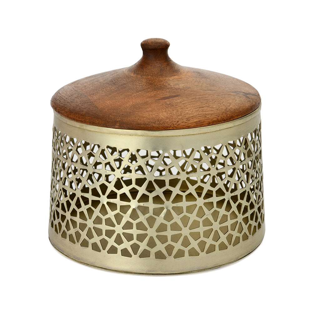 Jali Jar With Lid Metal & Wooden Candle Stand (Brown & Gold)