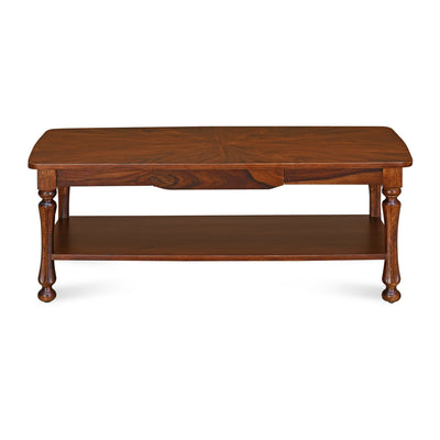 Juliet Solid Wood Center Table with Drawer & Shelf Storage (Light Antique)