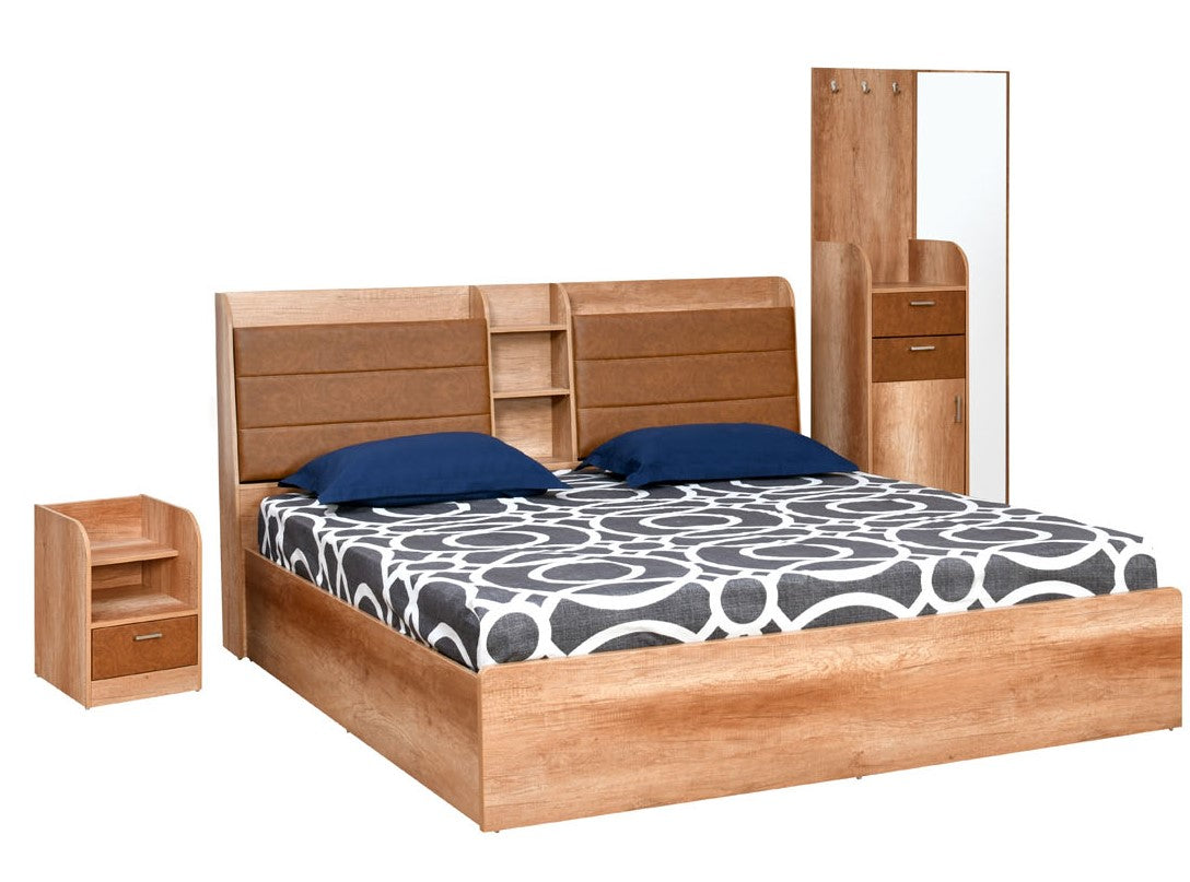 Jupiter Engineered Wood Queen Bed with Headboard & Box Storage with Nightstand & Dresser (Canyon Oak)