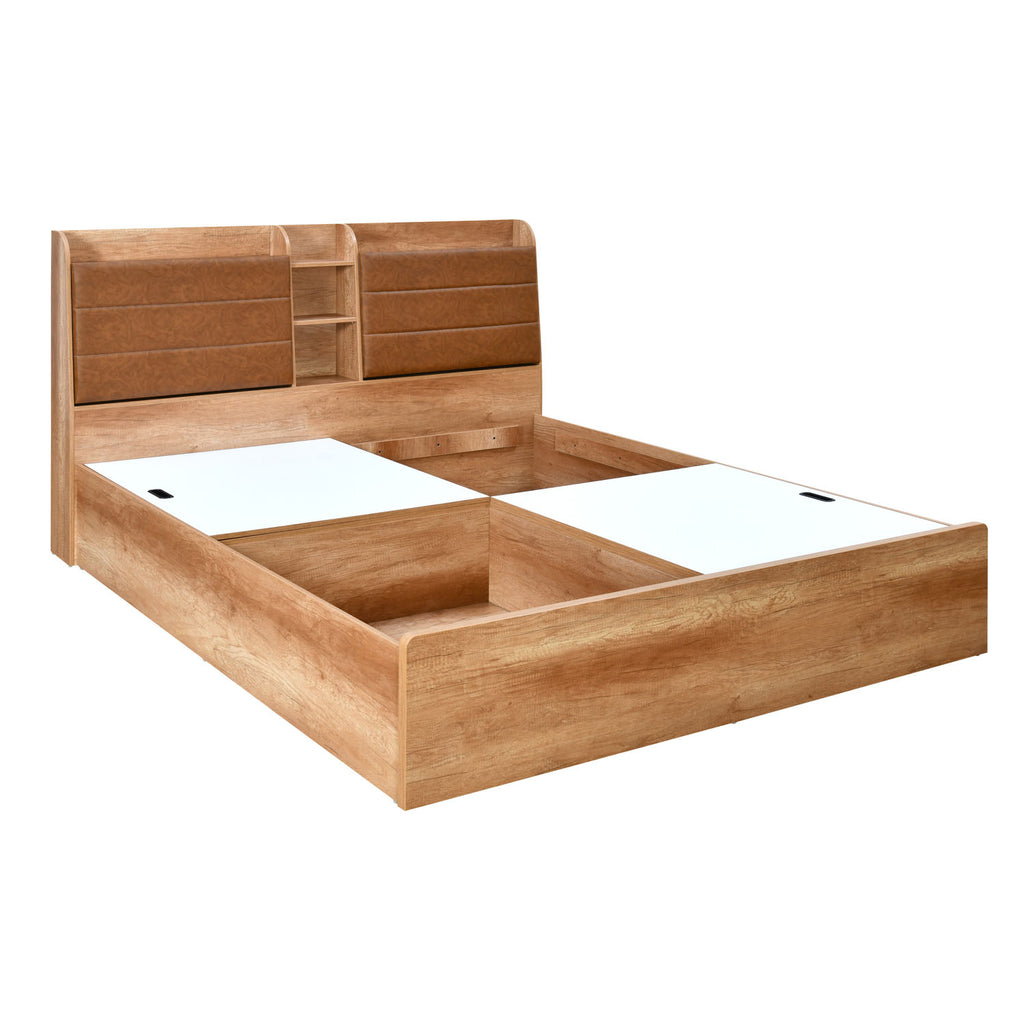 Jupiter Engineered Wood Queen Bed with Headboard & Box Storage (Canyon Oak)