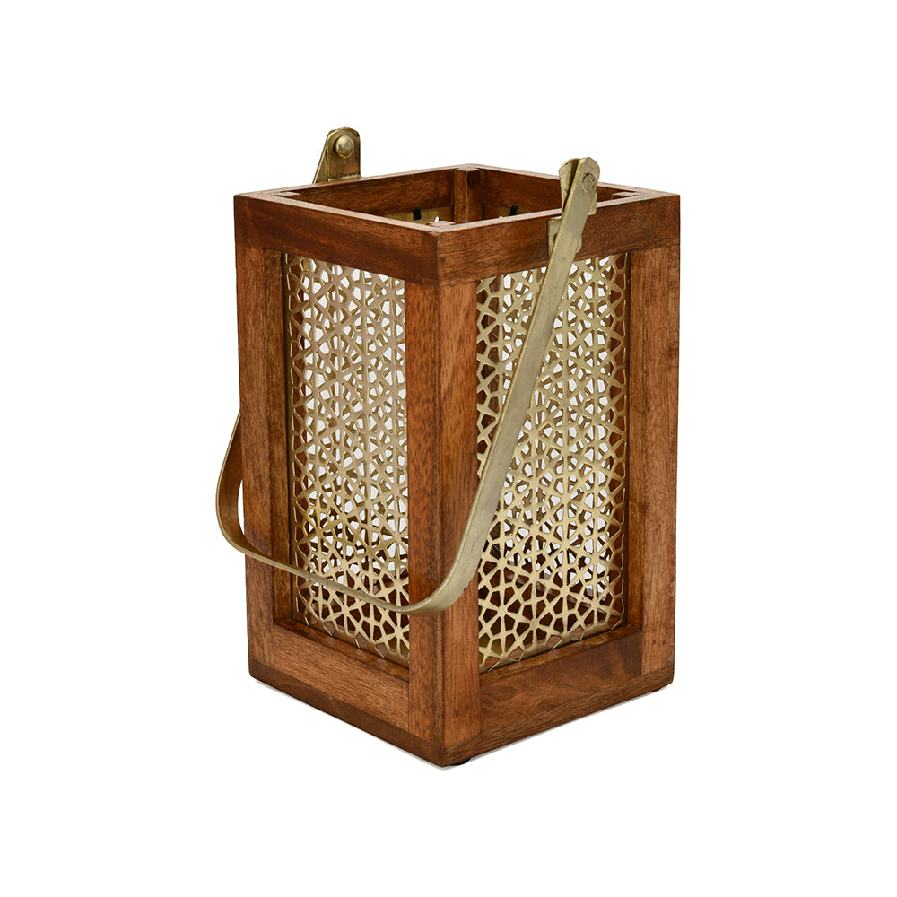 Decorative Metal & Wooden Hanging Lantern (Brown & Gold)