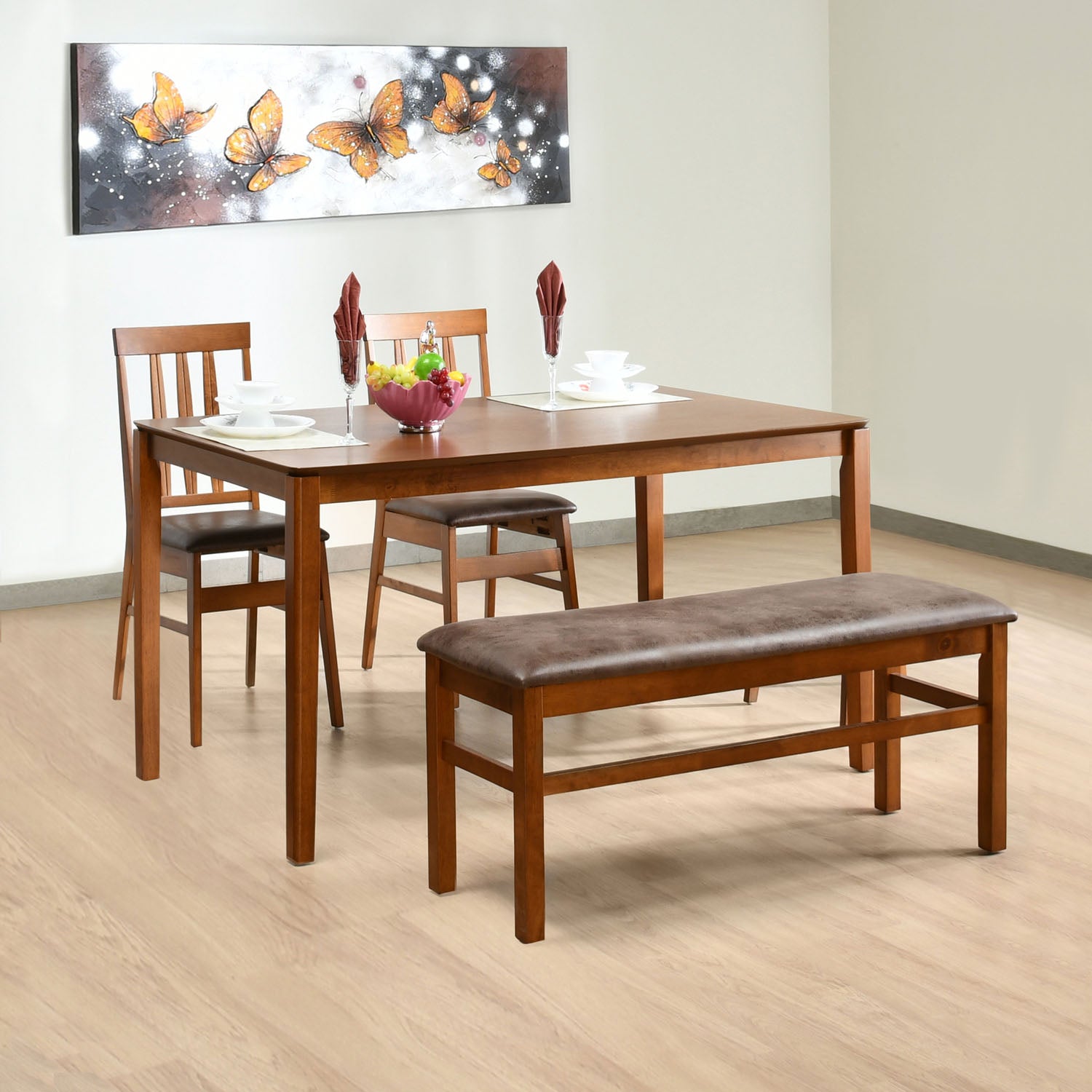 Leaf 4 Seater Dining Set With Bench (Walnut)