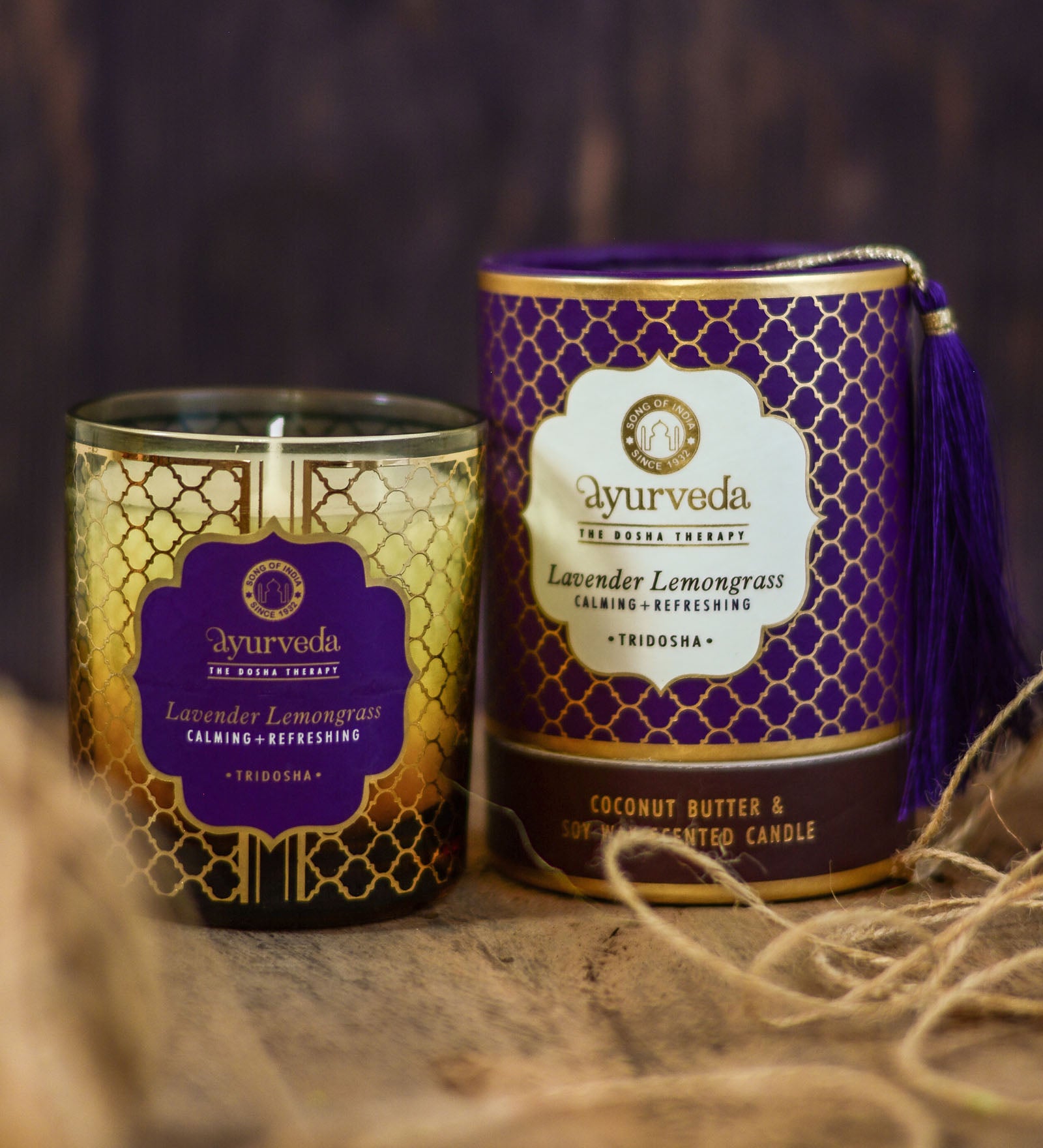 Song of India 200 g. Lavender Lemongrass Luxurious Veda Scented Candle in Brown Colored Glass Jar