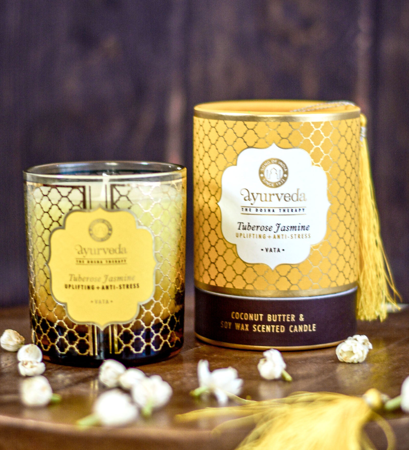 Song of India 200 g. Tuberose Jasmine Luxurious Veda Scented Candle in Brown Colored Glass Jar