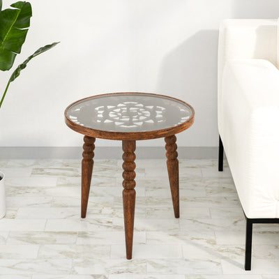 Lilibet Glass Top Solid Wood Frame Side Table (Medium Walnut)