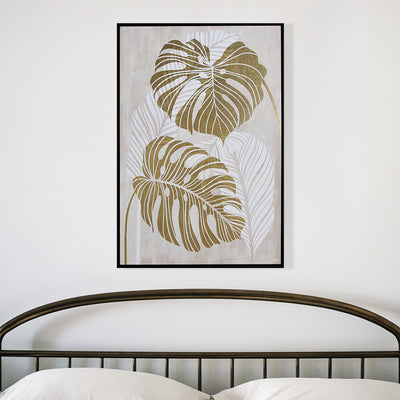 Monstera Leaf Canvas Wall Painting (White & Gold)