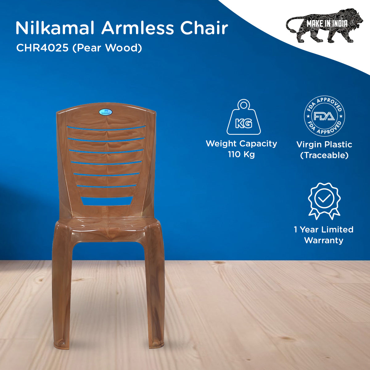 Nilkamal Armless Chair CHR4025 (Pear Wood)