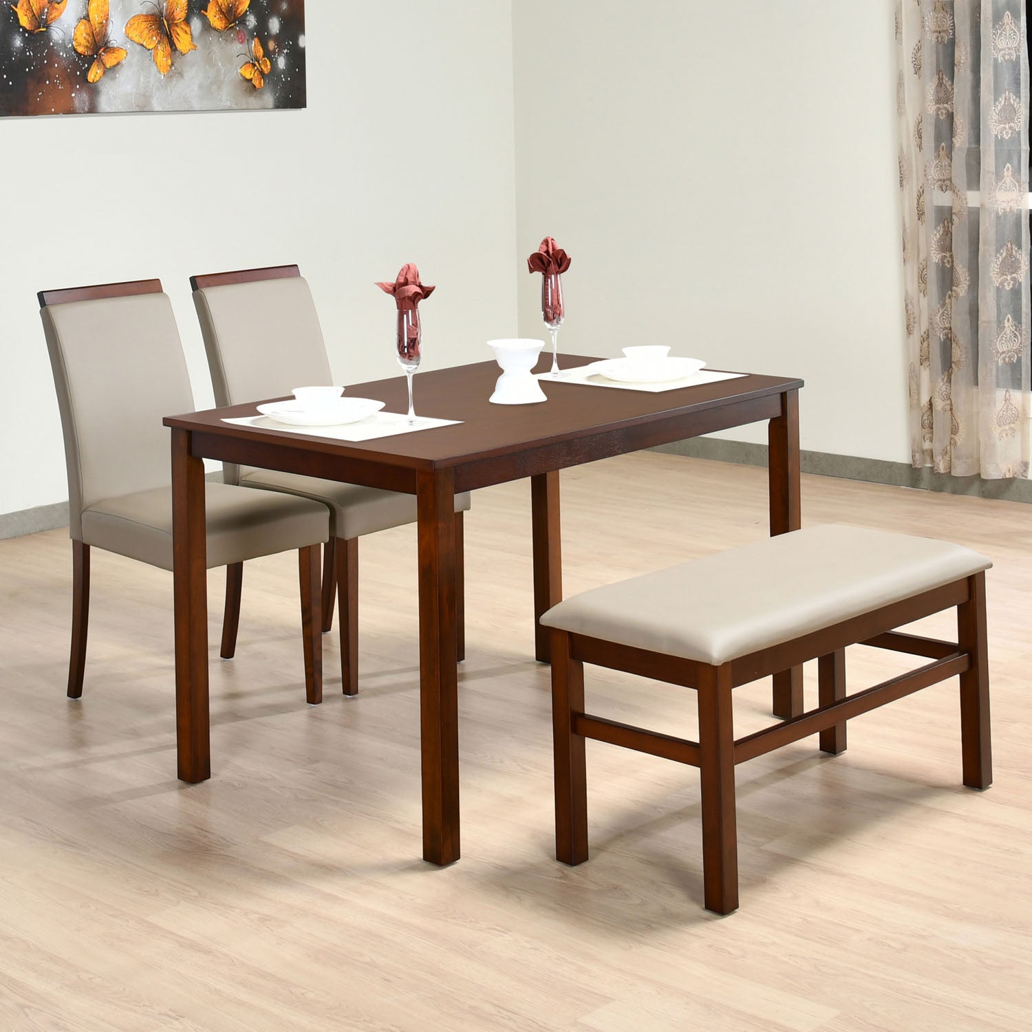 Pearl 4 Seater Dining Set With Bench (Cappucino)