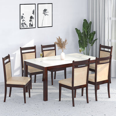 Pedro Ceramic Stone Top Solid Wood 6 Seater Dining Set With Chairs in  Beige Finish