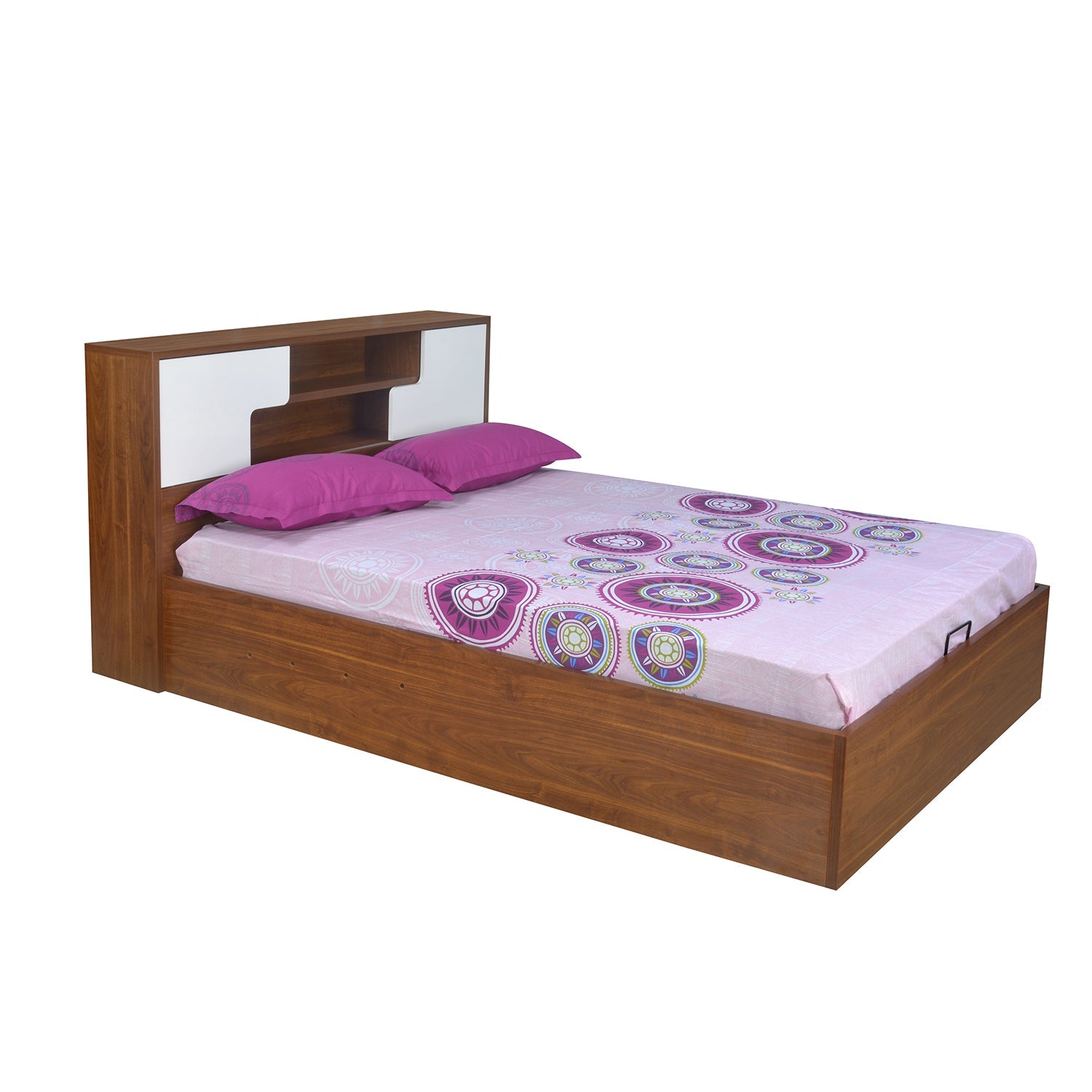 Rubix Queen Bed with Hydraulic Storage (White & Walnut)