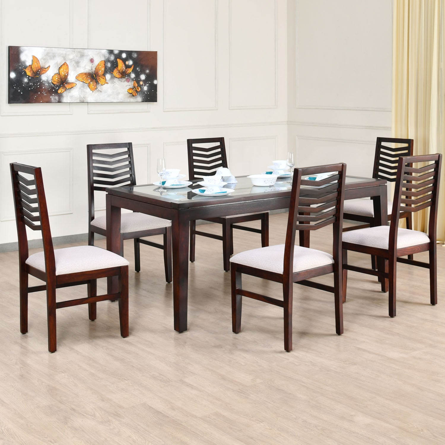 Spitzer Veneer Top Solid Wood 6 Seater Dining Set (Walnut)