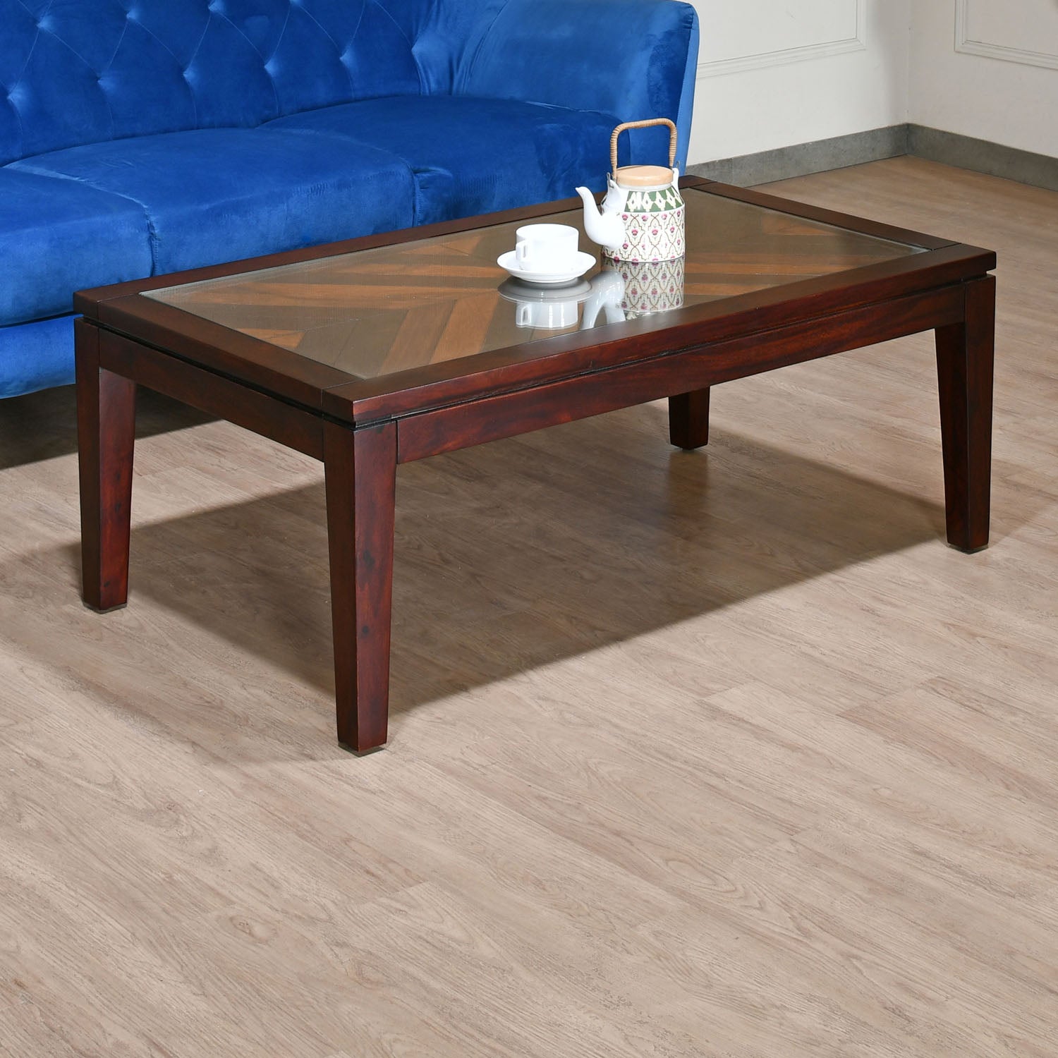 Spitzer Glass Top Solid Wood Center Table (Walnut)