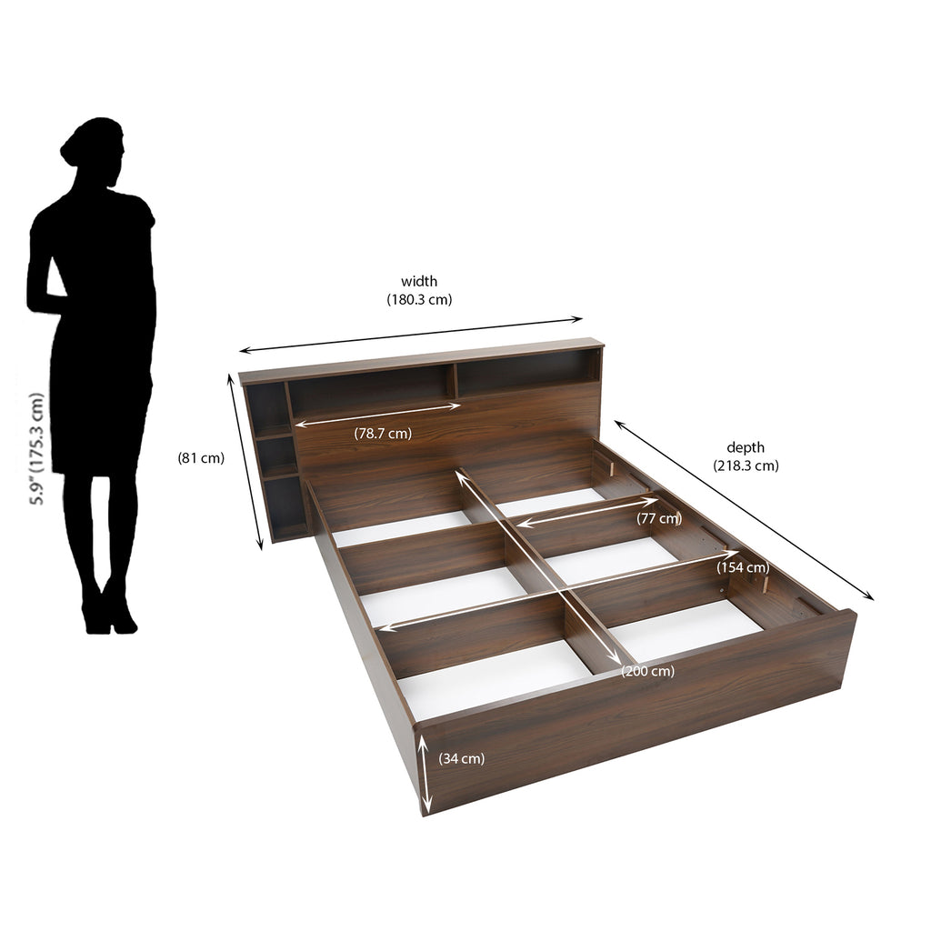 Torrie Queen Bed with Headboard & Box Storage (Classic Walnut)