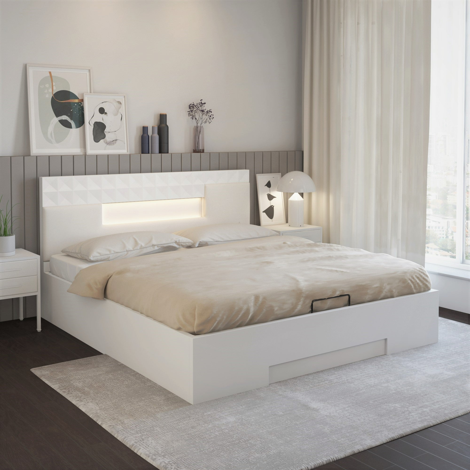 Theia High Gloss King Bed with Storage (White)