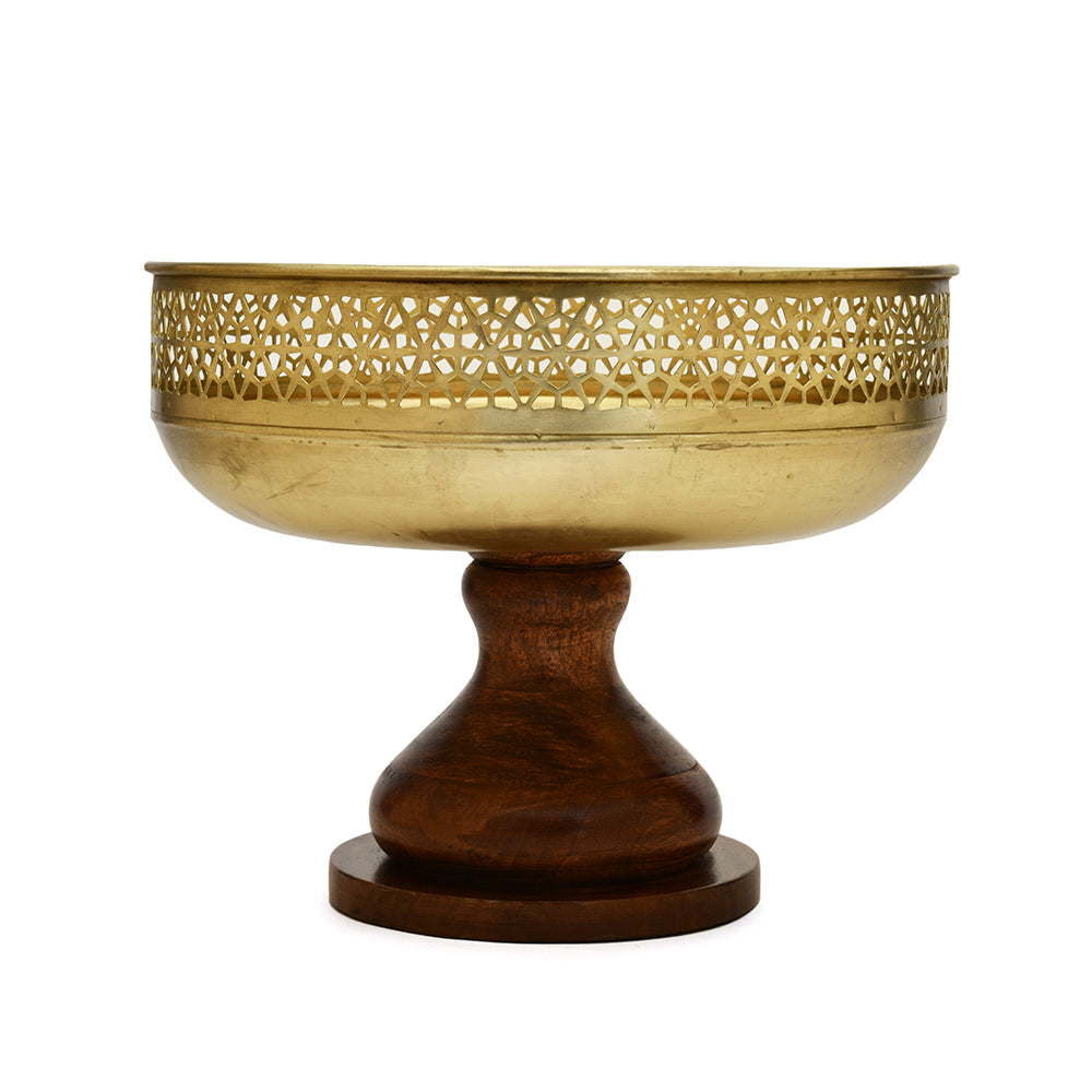Decorative Wooden & Metal Sphere Urli with Stand (Brown & Gold)