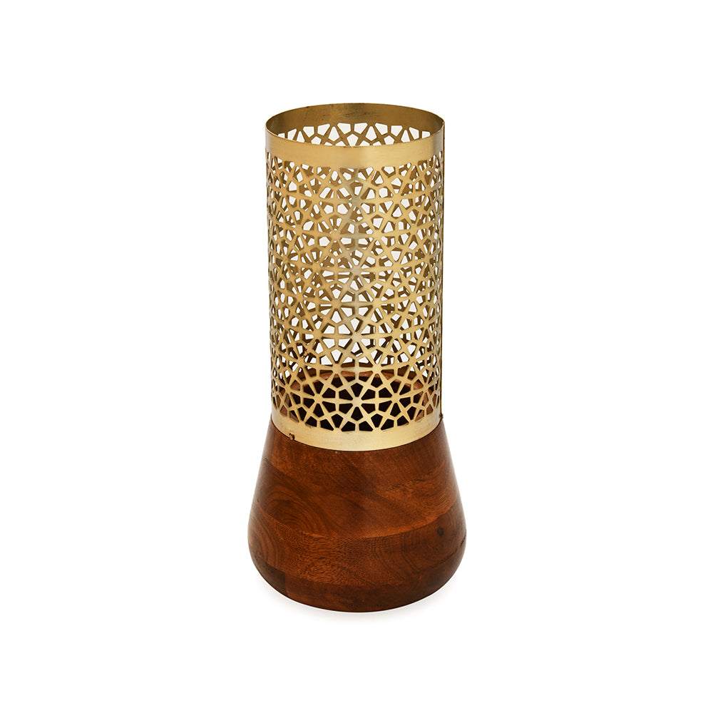 Upper Jali Cutwork Wooden & Metal Vase (Brown & Gold)