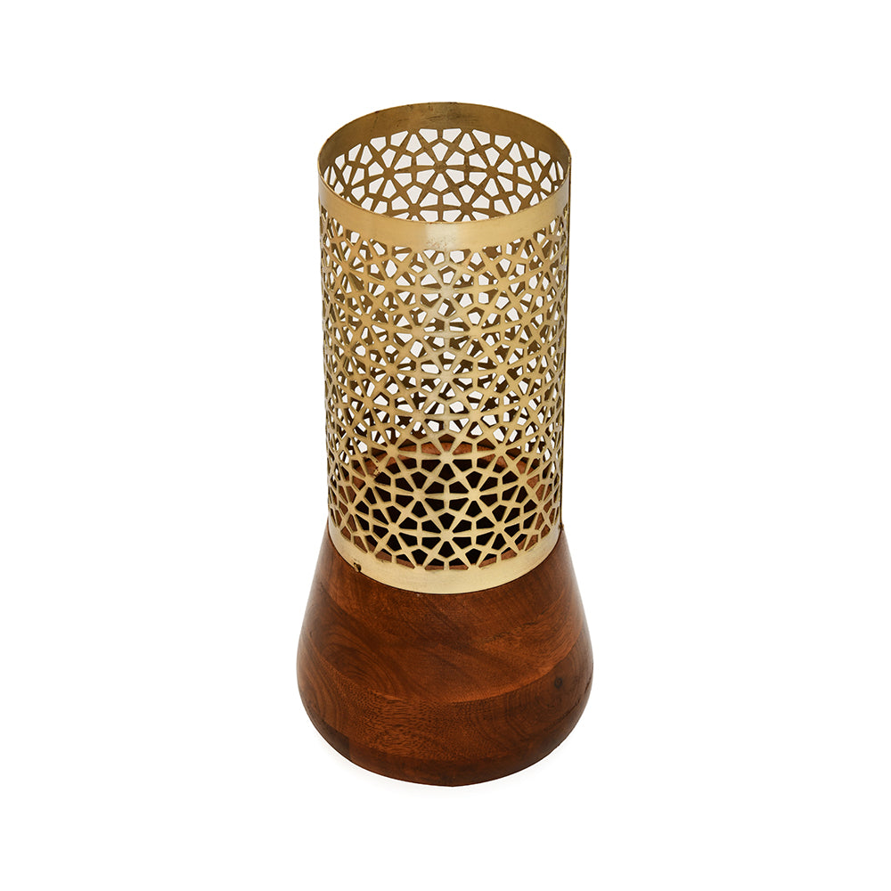Upper Jali Cutwork Wooden & Metal Vase (Brown & Gold)