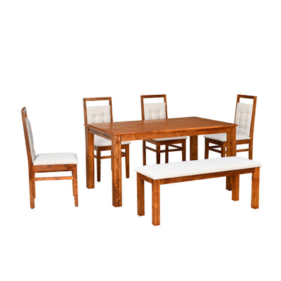 Vera 6 Seater Solid Wood Dining Set With Bench in Honey Brown Finish