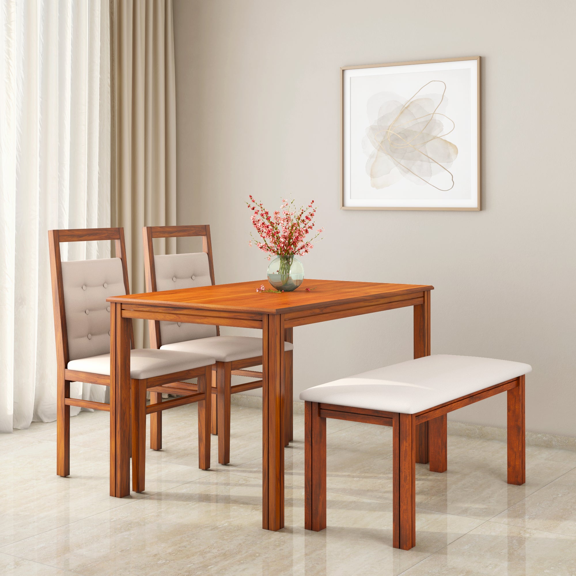 Vera 4 Seater Solid Wood Dining Set With Bench in Honey Brown Finish
