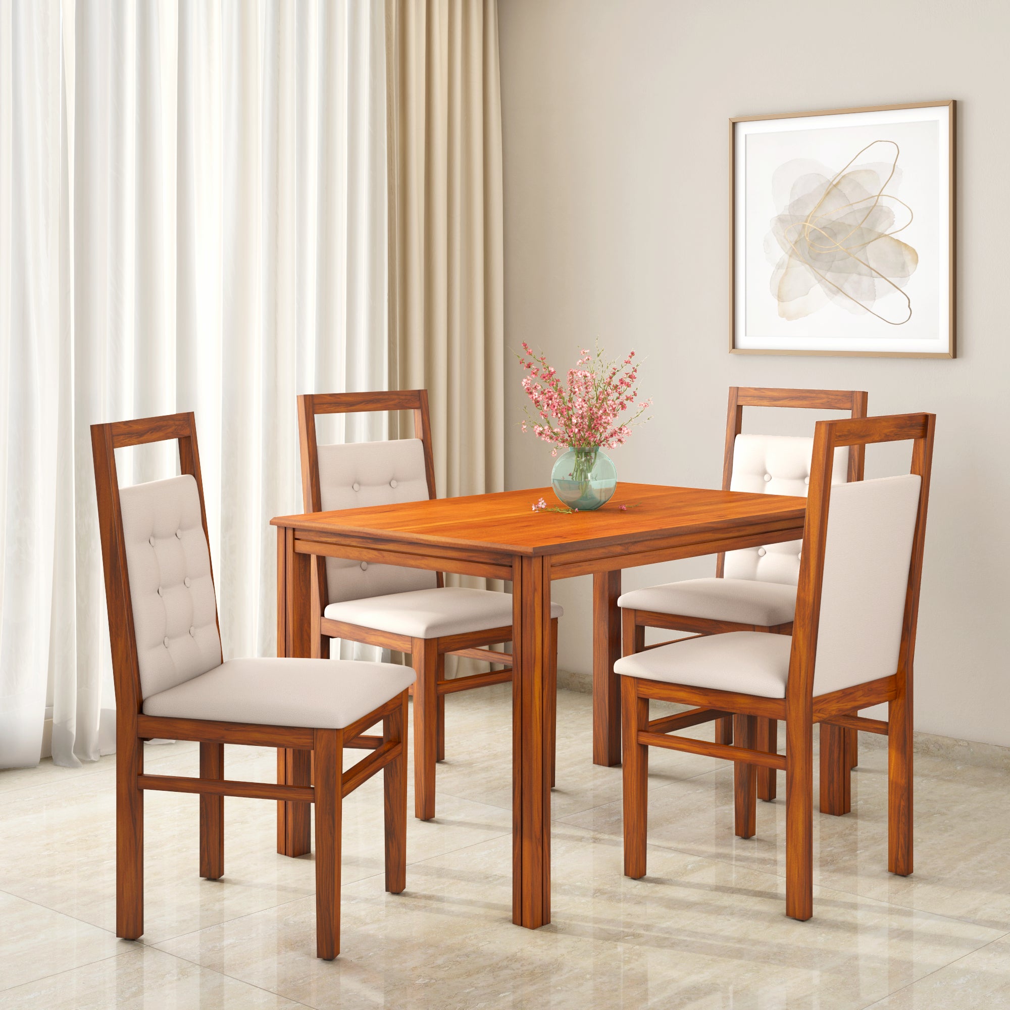 Vera 4 Seater Solid Wood Dining Set With Chairs in Honey Brown Finish