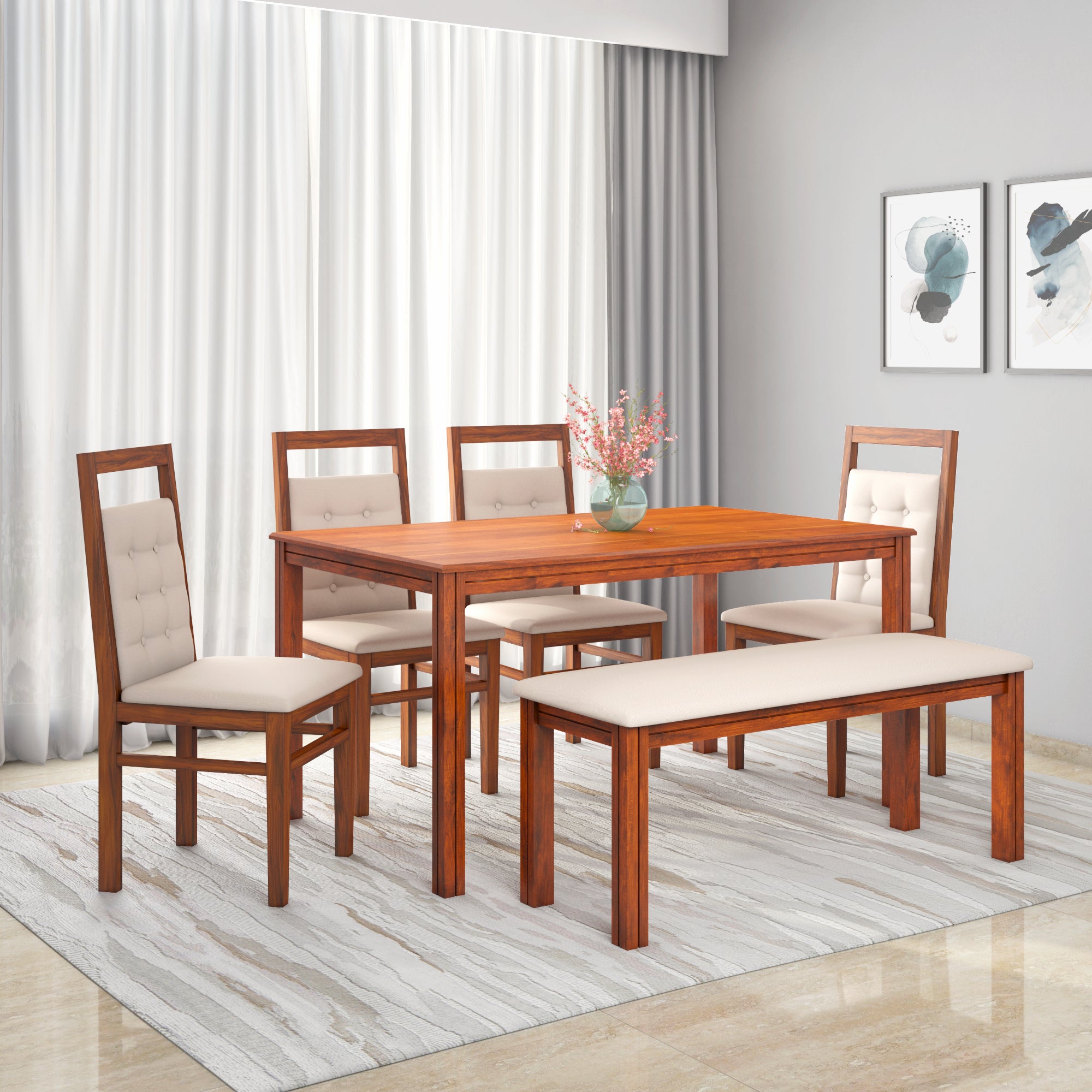 Buy Vera 6 Seater Solid Wood Dining Set With Bench In Honey Brown  Finishonline- @Home By Nilkamal | Nilkamal At-Home @Home