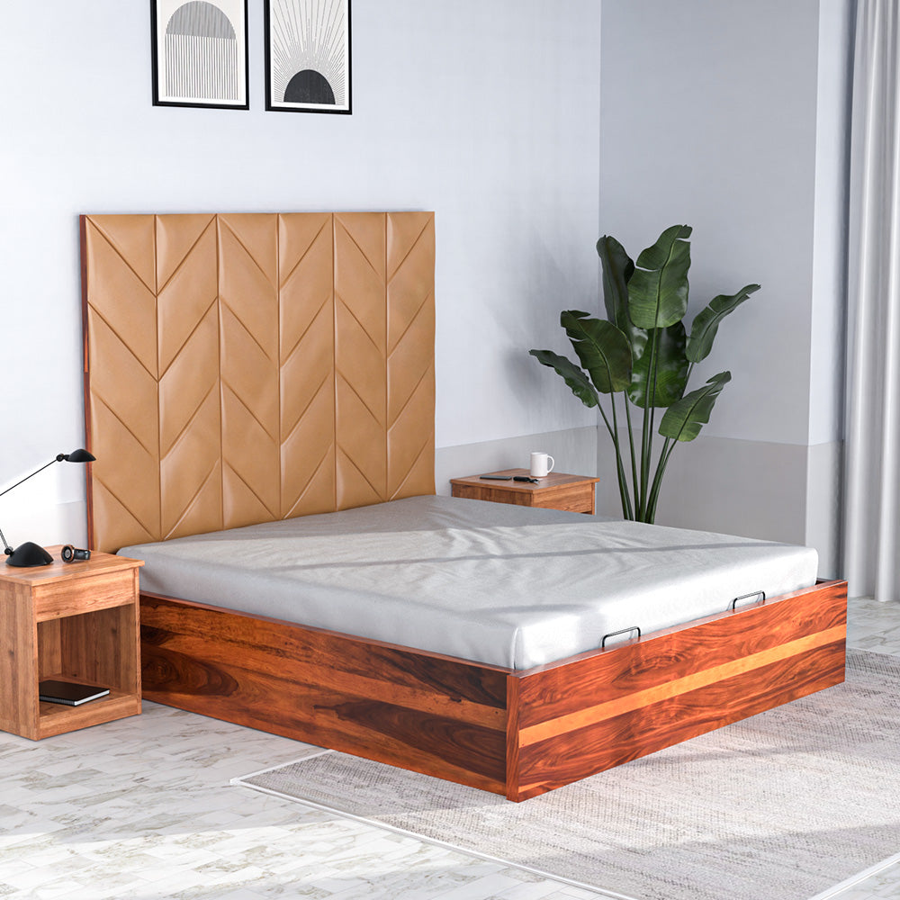 Waybridge Upholstered Headboard Solid Wood King Bed with Hydraulic Storage in Honey Brown Finish