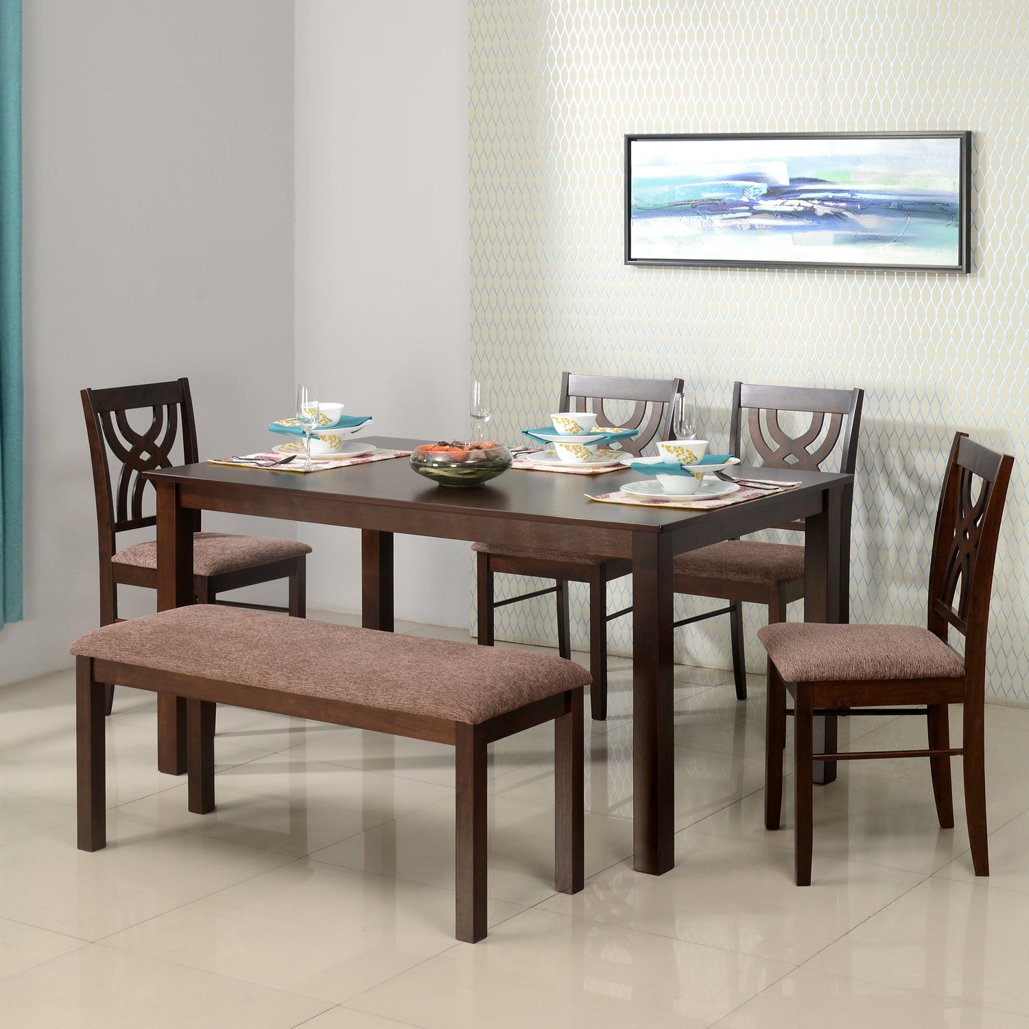 Alice 6 Seater Dining Set With Bench (Brown)