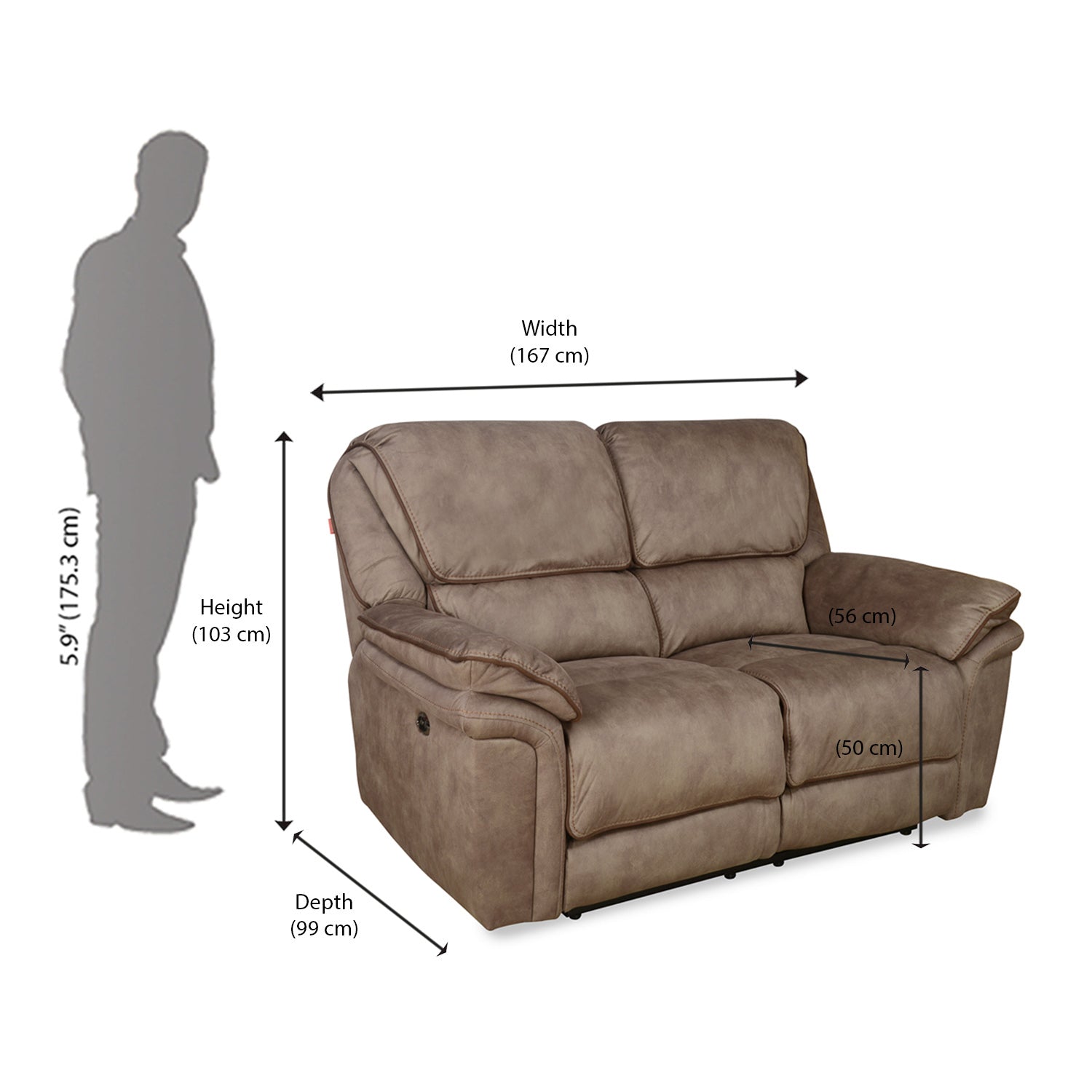 Fuzzy 2 Seater Sofa with 2 Electric Recliner (Mocha Brown)