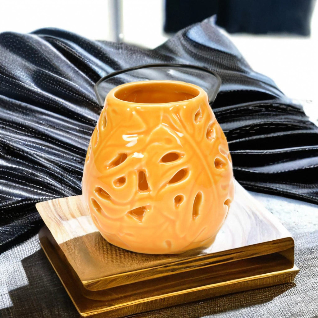 Palm Leaf Cutwork Ceramic Lantern (Mustard)