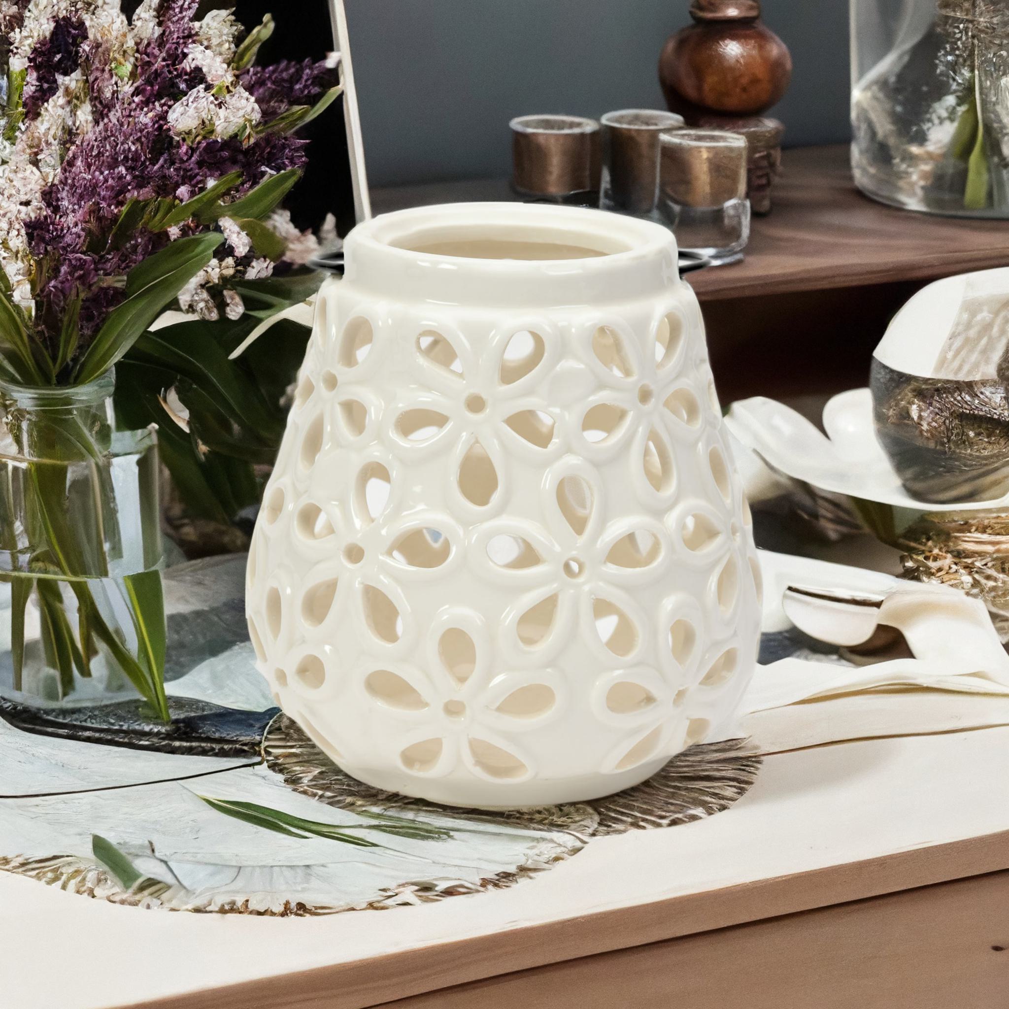 Floral Cutwork Ceramic Lantern (White)