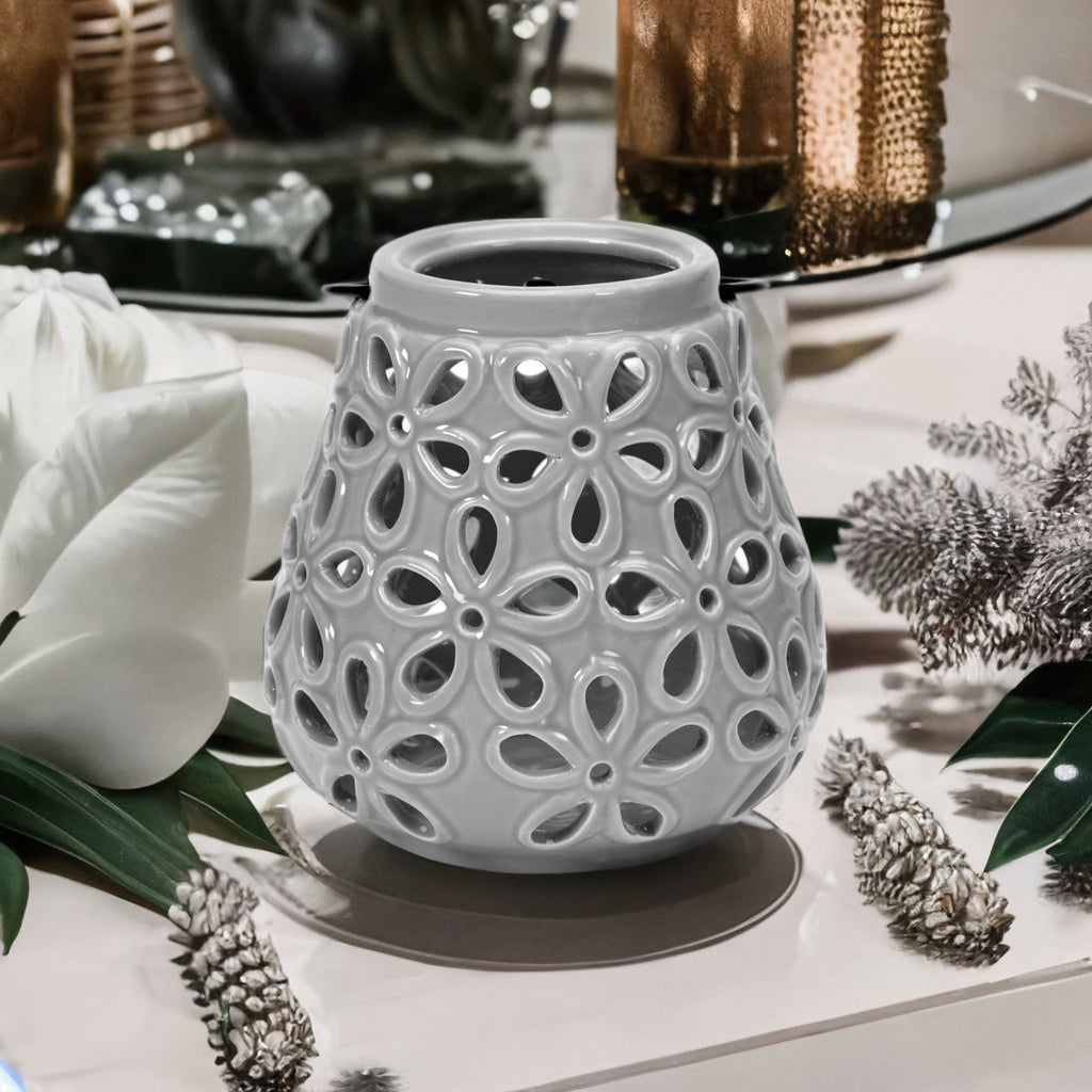 Floral Cutwork Ceramic Lantern (Grey)