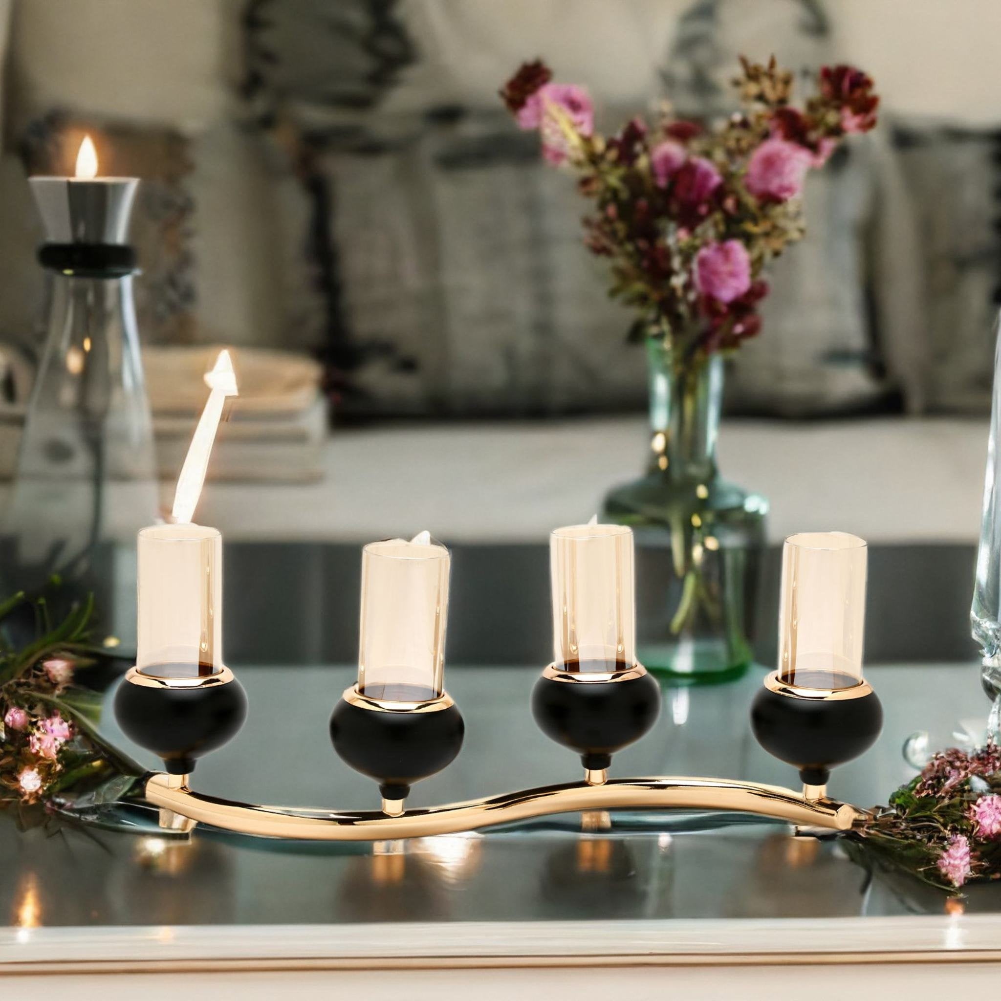 Buy Decorative Wave Steel & Glass Candle Stand (Black & Gold