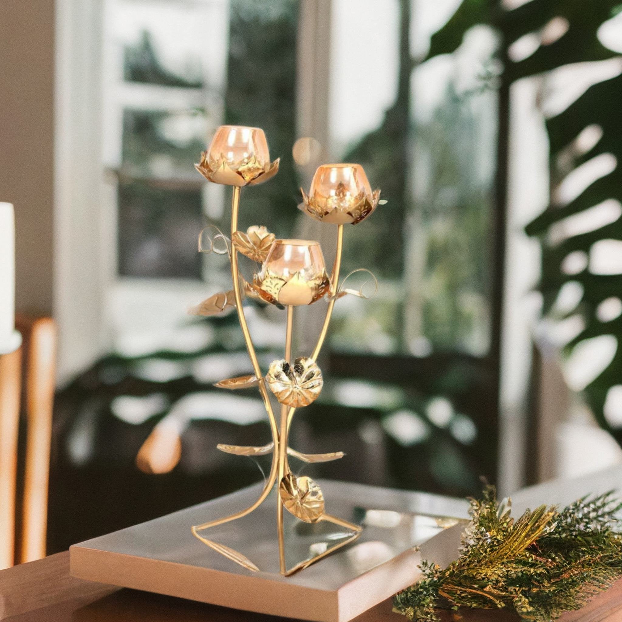 Golden Metal Big Size 7 inch Table Lotus Flower Candle Holder Home  decoration