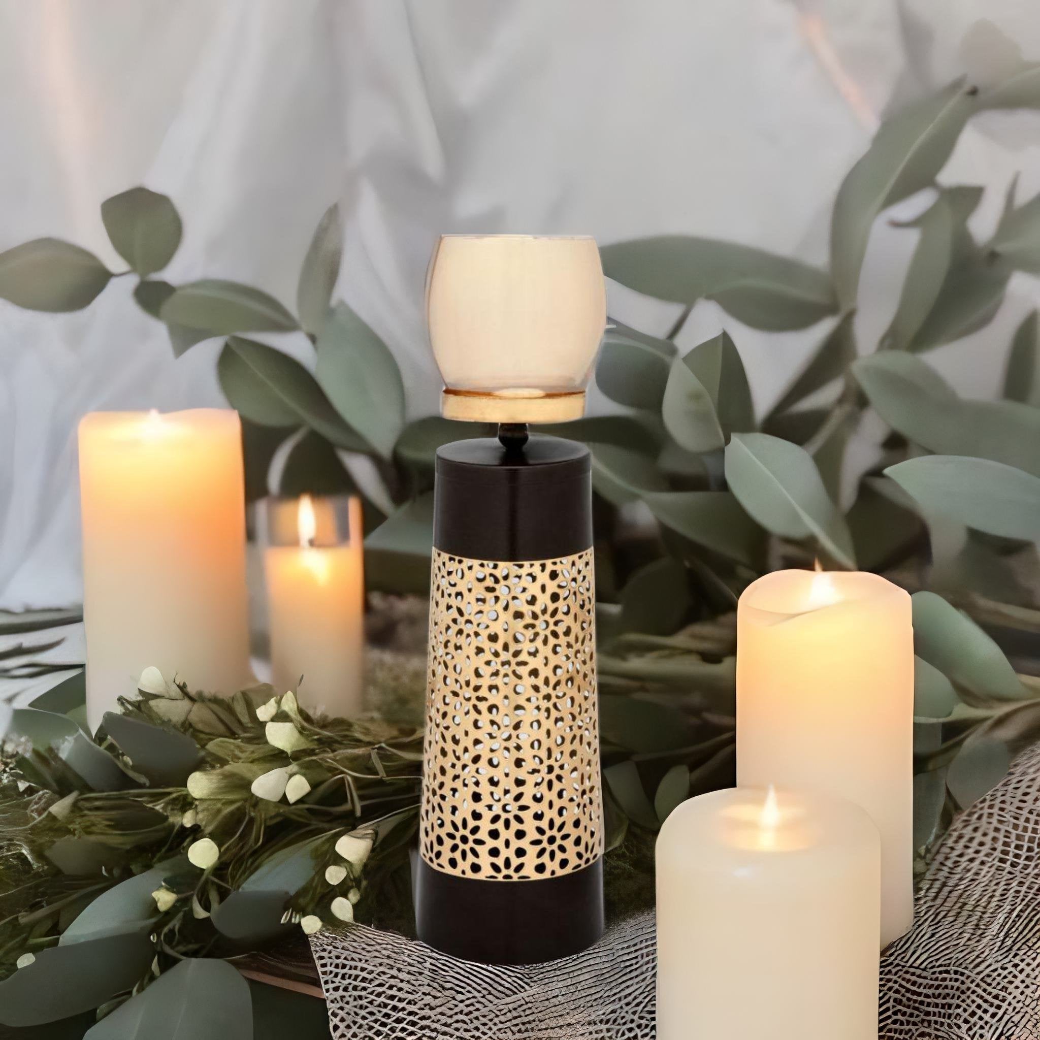 Tall Pillar Metal & Glass Candle Stand (Brown & Gold)
