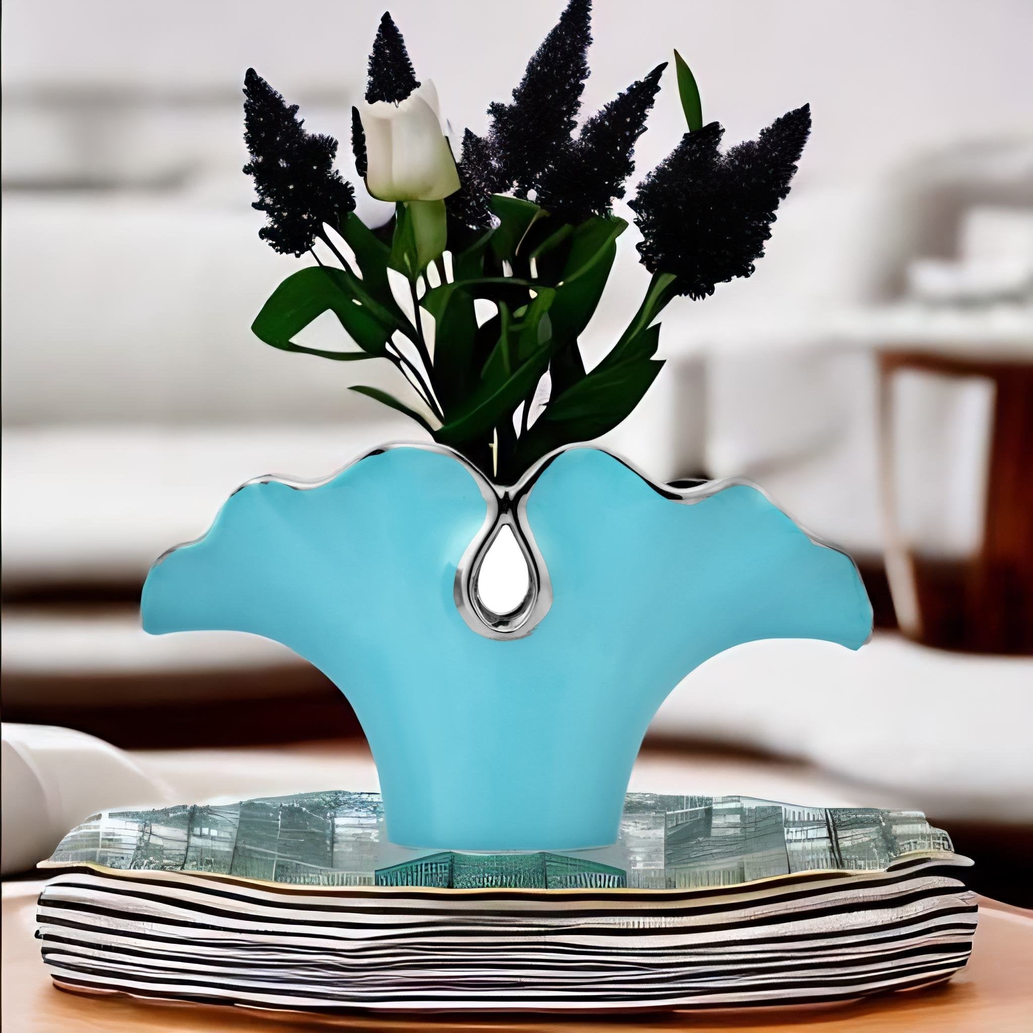 Floral Waves Ceramic Vase (Seagreen & Silver)